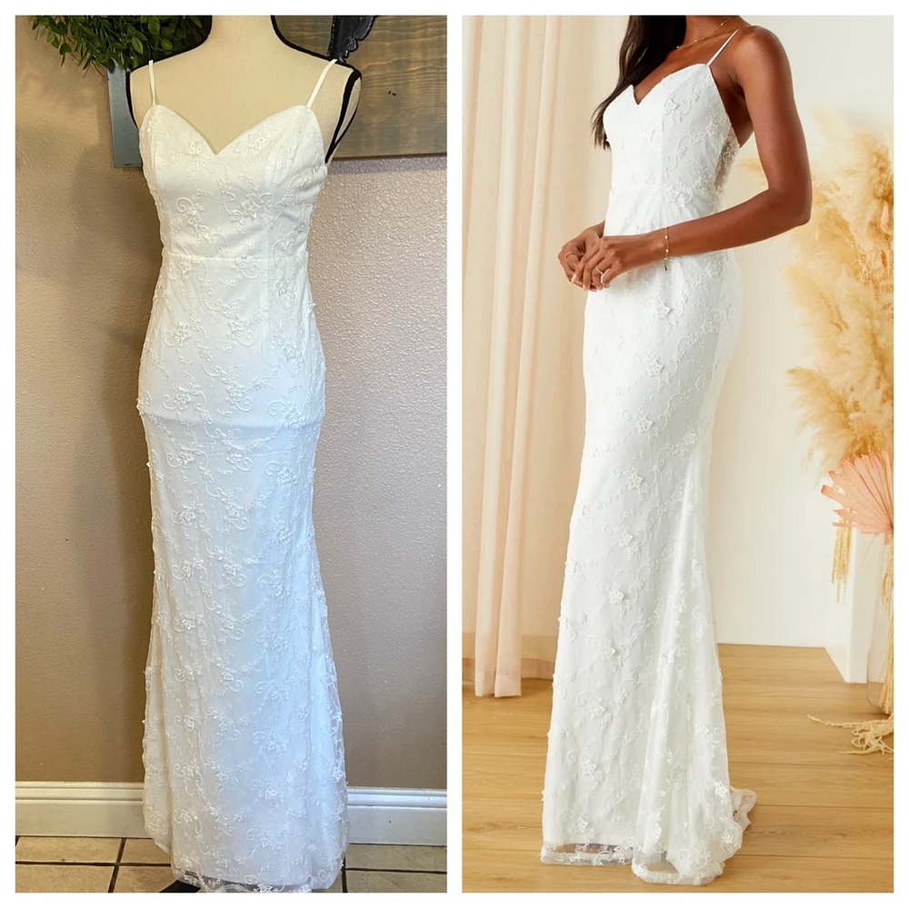 NOT FOR SALE  Lulus Devoted Emotion White Embroidered Backless Mermaid Maxi